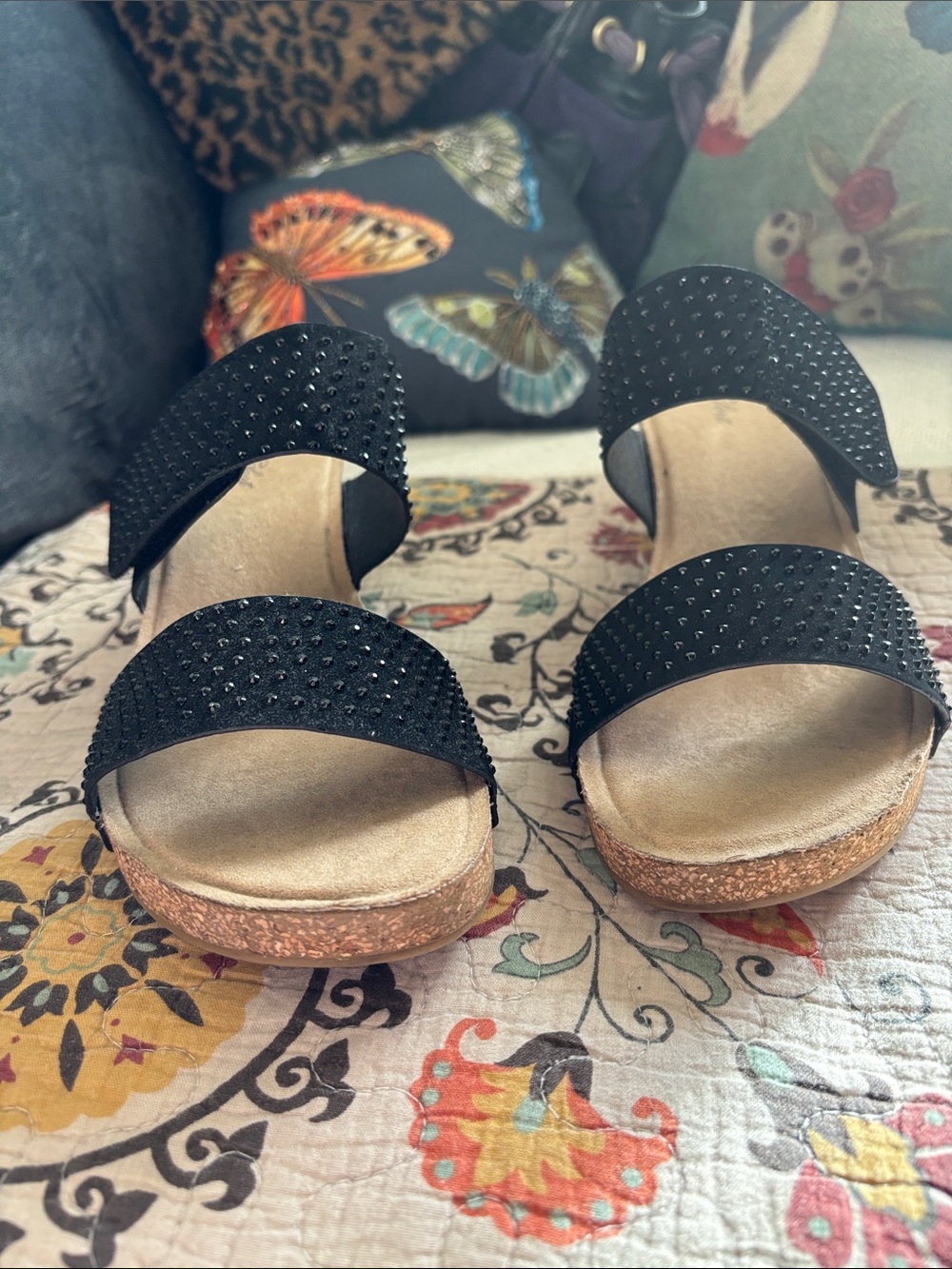 Cork Wedge Black Rhinestone Covered Double Strap Slide Sandals Size 11M - Picture 6 of 16